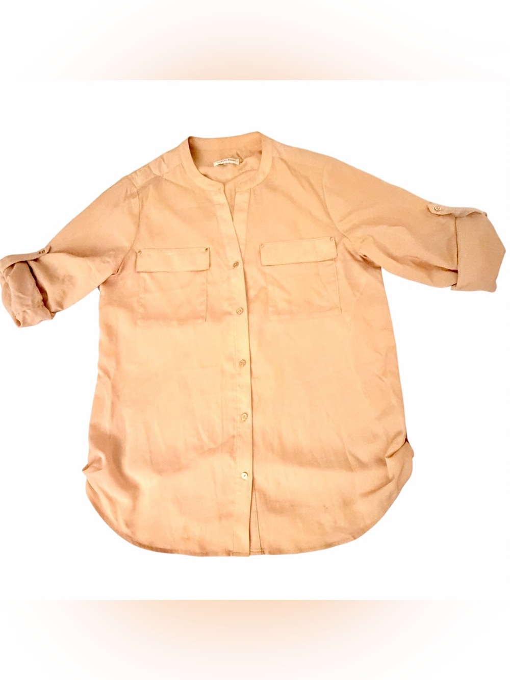 Calvin Klein Rolled Up Sleeve Champagne Button Up Blouse in Size M